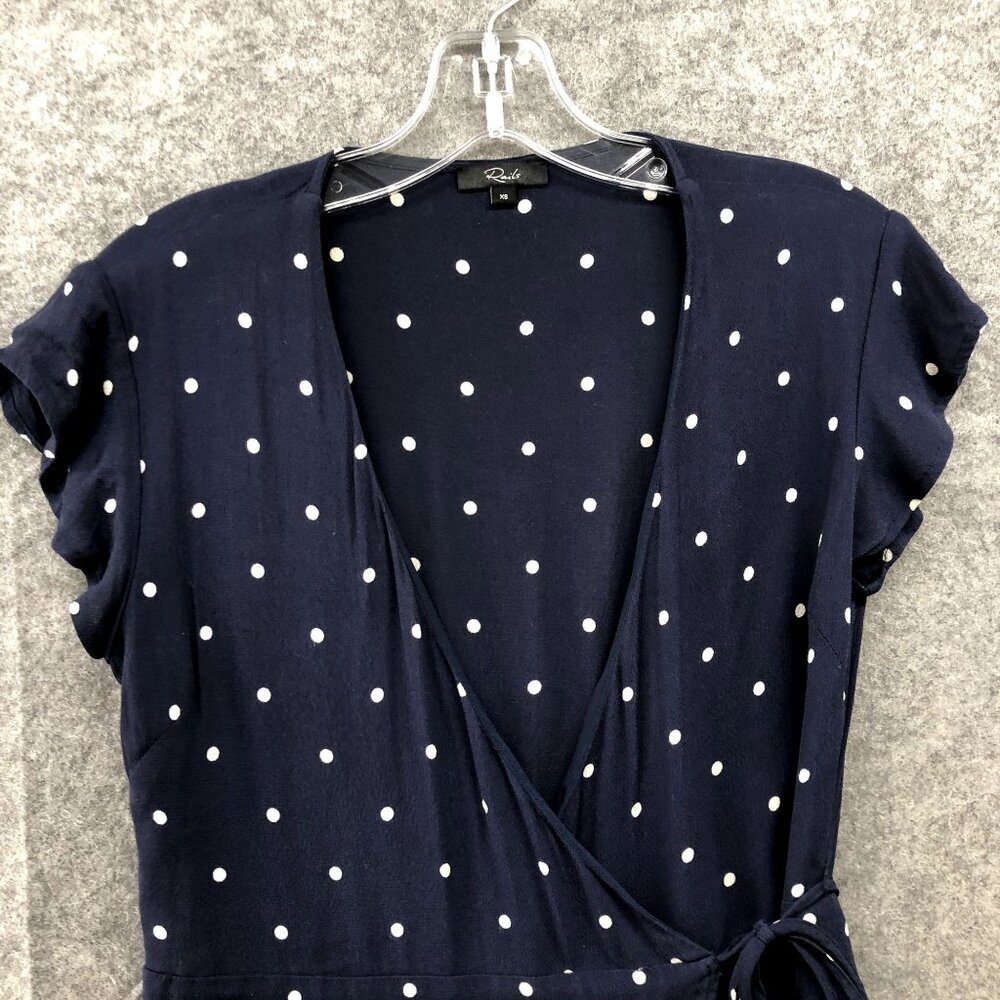 Rails Brenna Wrap Dress Size XS Navy Blue White Polka Dot Short Sleeve Ruffle - Picture 3 of 9